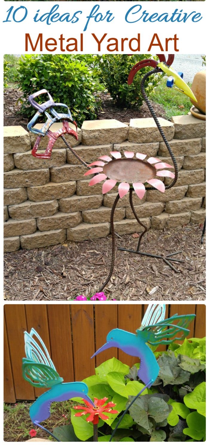 Radoša metāla pagalmu māksla - dārza māksla ar blusām - ziediem - dzīvniekiem