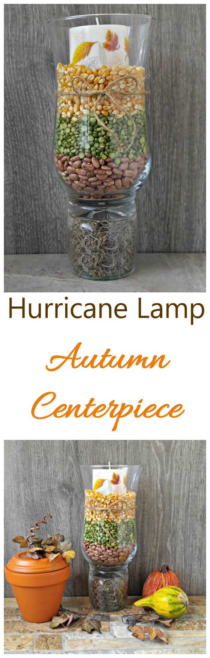 Осенний центральный элемент в виде лампы с ураганом - деревенский осенний декор стола