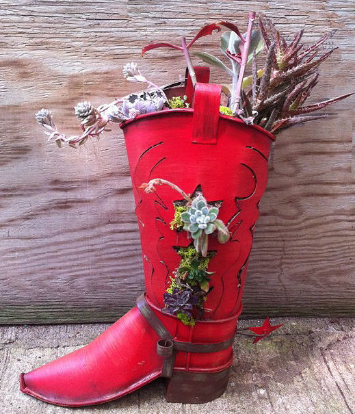 Cowboy-stewelplanter vir vetplante – kreatiewe tuinmaak-idee